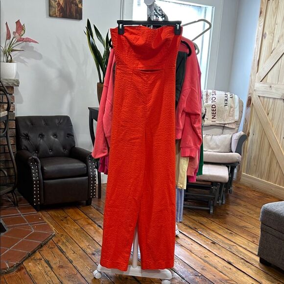 2 Free People Vibrant Orange Wide Leg Easy Street Jumpsuit strapless - Picture 2 of 7